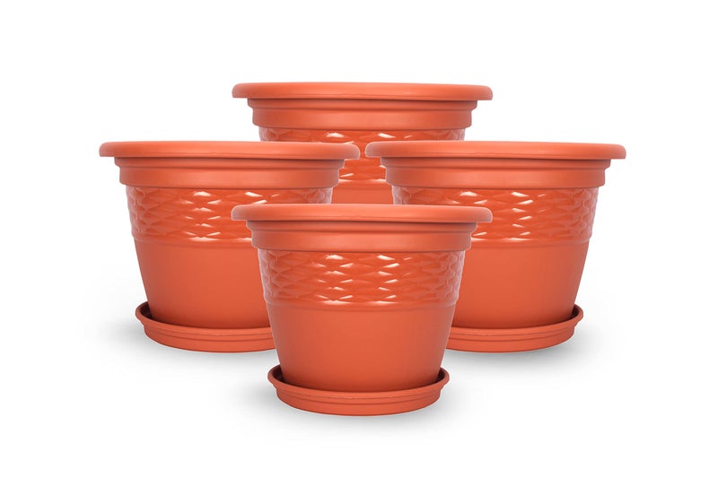 Halsey Clean Home Round Virgin Plastic Modern Design Durable Plastic Plant Pot for Gardening (Pack of 4) (POTS with Tray, LARGE-09 INCH) - Image 1