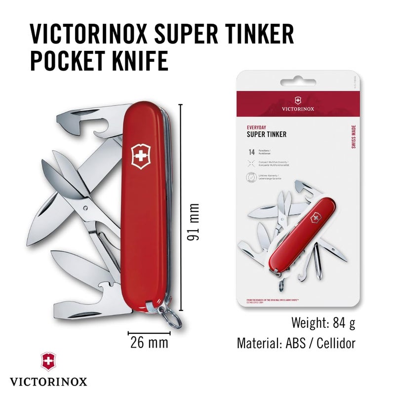 Victorinox Super Tinker Swiss Army Knife, 14 Function Swiss Made Pocket Knife with Large Blade, 2 Screwdrivers and Multipurpose Hook - Red - Image 3