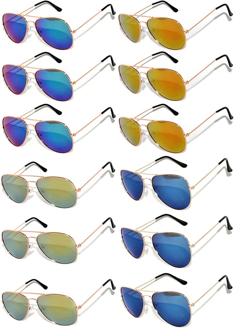 OWL Wholesale 12 Pack Aviator Gold Frame Sunglasses Full Color Mirror Lens Blue, Blue-Green, Red, Yellow UV400 - Image 2