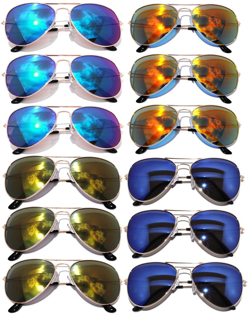 OWL Wholesale 12 Pack Aviator Gold Frame Sunglasses Full Color Mirror Lens Blue, Blue-Green, Red, Yellow UV400 - Image 1