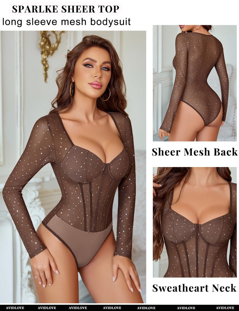 Avidlove Women Long Sleeve Bodysuit Square Neck Shapewear Body Suits Mesh One Piece Shirt Going Out Tops - Image 3