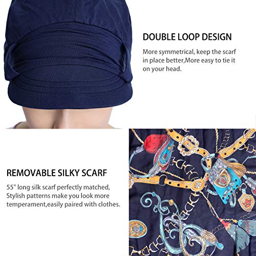 JarseHera Chemo Hats for Women Bamboo Cotton Lined Newsboy Caps with Scarf Double Loop Headwear for Cancer Hair Loss Navy Blue - Image 3
