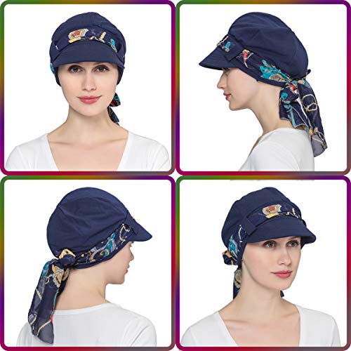 JarseHera Chemo Hats for Women Bamboo Cotton Lined Newsboy Caps with Scarf Double Loop Headwear for Cancer Hair Loss Navy Blue - Image 5