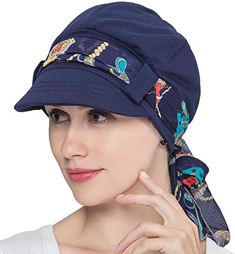 JarseHera Chemo Hats for Women Bamboo Cotton Lined Newsboy Caps with Scarf Double Loop Headwear for Cancer Hair Loss Navy Blue - Image 1