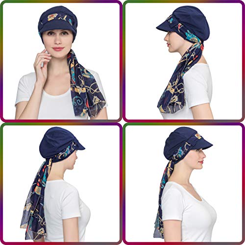 JarseHera Chemo Hats for Women Bamboo Cotton Lined Newsboy Caps with Scarf Double Loop Headwear for Cancer Hair Loss Navy Blue - Image 4