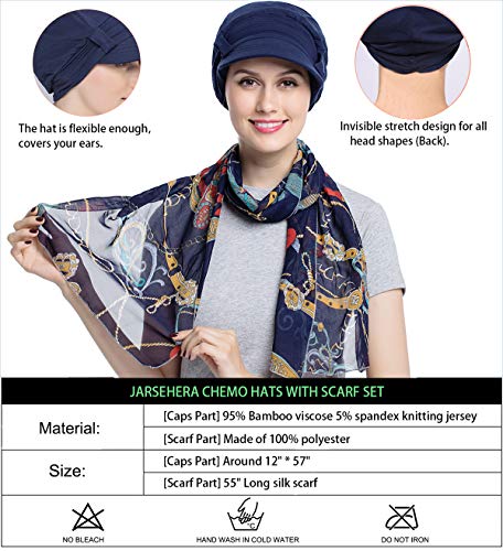 JarseHera Chemo Hats for Women Bamboo Cotton Lined Newsboy Caps with Scarf Double Loop Headwear for Cancer Hair Loss Navy Blue - Image 2