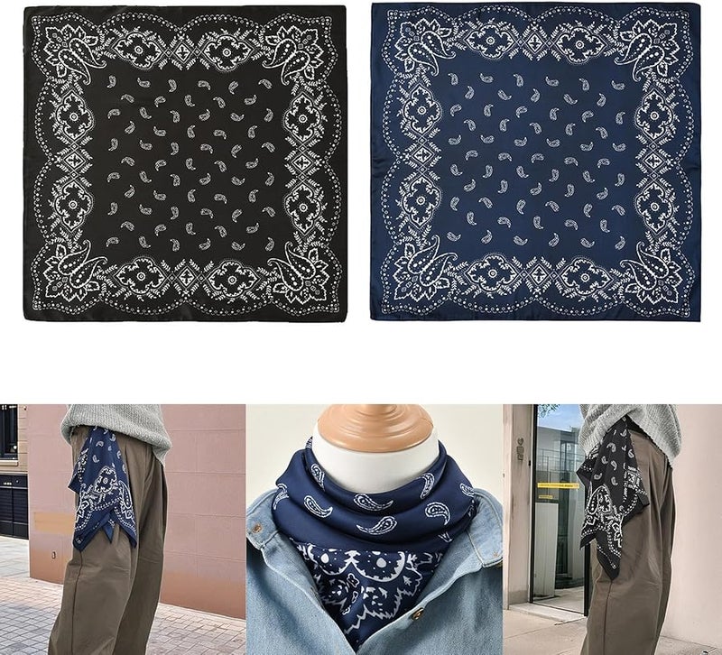 Navy Blue Cashew Flower Print Satin Scarf Unisex Bandana for Women and Men - Image 3