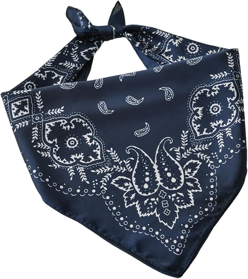 Navy Blue Cashew Flower Print Satin Scarf Unisex Bandana for Women and Men - Image 1