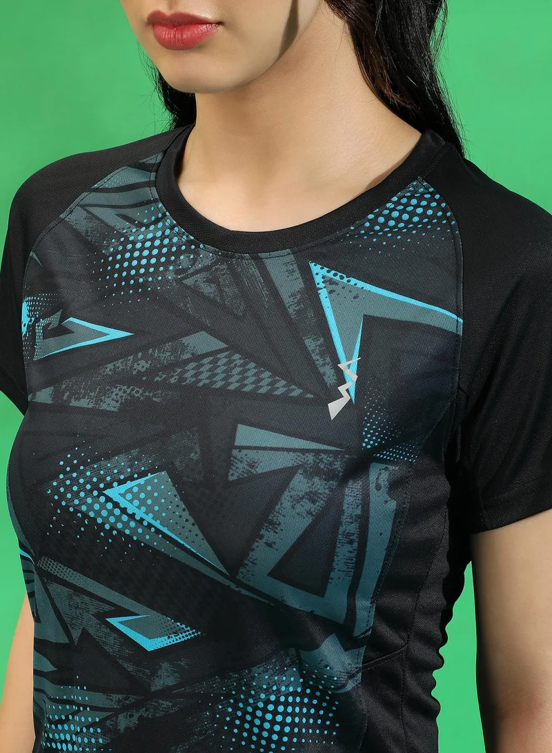 Campus Sutra Campus Sutra Women's Black Abstract Print Activewear T-Shirt
