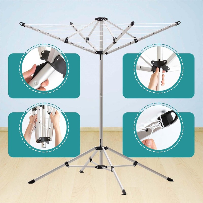 JS HANGER Indoor and Outdoor Portable Clothes Drying Rack with 4 Rotatable Arms for Hangers, 4 Legs, Collapsible Umbrella Laundry Air Dryer with 65 ft. of Hanging Space - Silver - Image 5