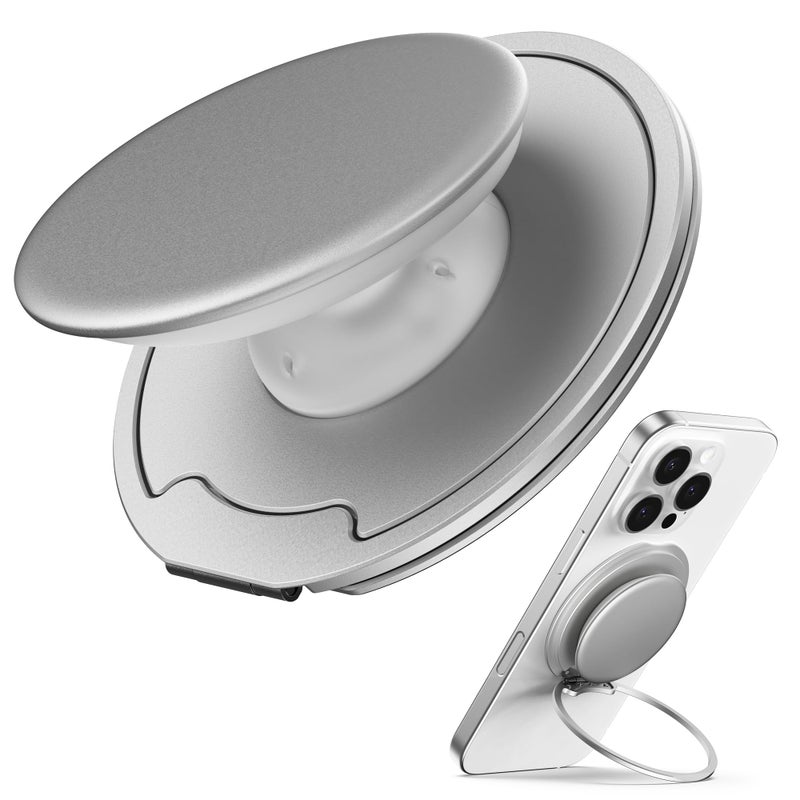 Sinjimoru for MagSafe Phone Grip â€” 3000G Magnetic Hold, Soft Silicone Comfort, Metal Plate Included, iPhone 17/16/15/14/13, M-Tap Tok Ring Stand Silver - Image 1