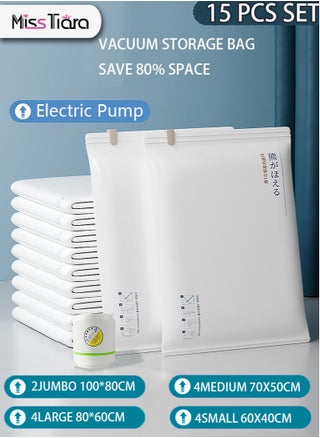15 Pack Vacuum Storage Bags with Electric Pump, 4 Small Medium Large 2 Jumbo Reusable Compression Airtight Space Saver Vacuum Bags for Clothes Travel Bedding Pillows Comforters Blankets(Random pump style) - pzsku/Z6E74922FFB46610BDE0DZ/45/_/1732781883/663fd6d6-81c5-4521-aec9-9fe29722d1c5
