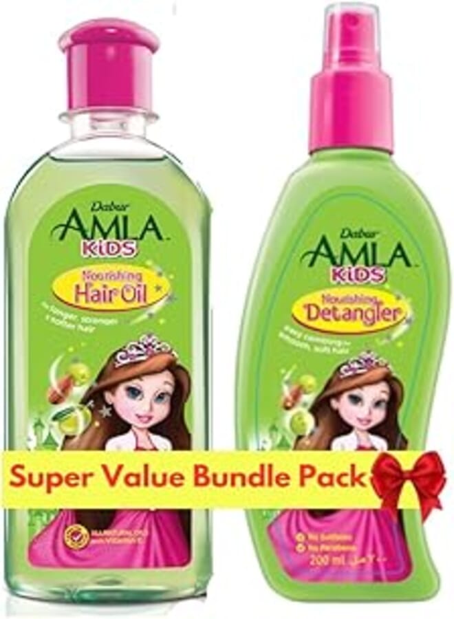 Dabur Amla Kids Hair Oil + Kids Detangler | Gentle Cleansing for Long & Strong Hair | No Sulfates & No Parabens | Super Value Pack - 180 ml + 200 ml