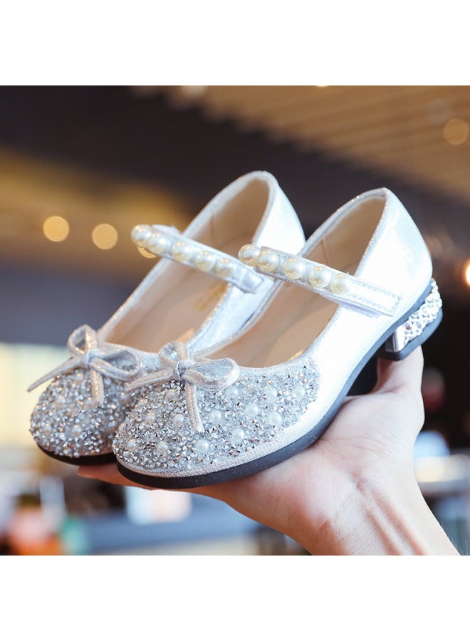 Girls' High-heeled Shoes  Little Girl Leather Shoes Soft-soled Elsa Princess Shoes Kidsren's Crystal Shoes Shiny Baby Shoes