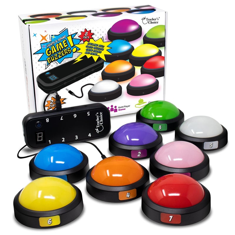 Teacher's Choice Light Up Game Buzzer System, Displays The Winning Player Loud, Unique Sounds for Each Buzzer, Great for Trivia Games, Family Feud, Jeopardy (8 Pack) - Image 1