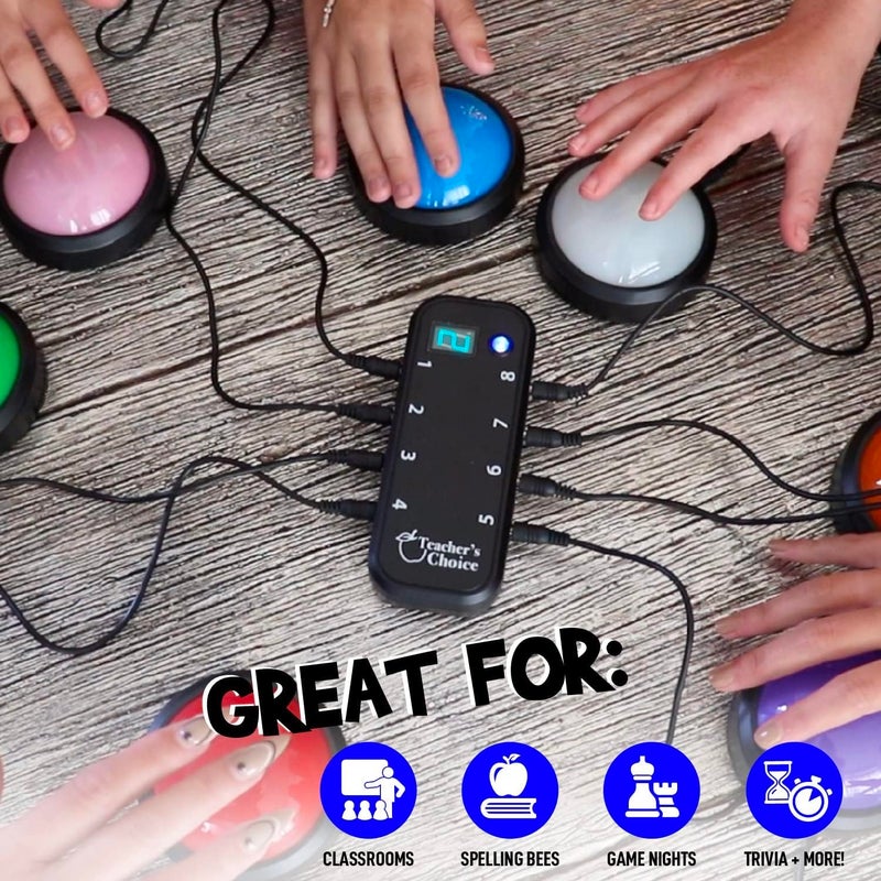Teacher's Choice Light Up Game Buzzer System, Displays The Winning Player Loud, Unique Sounds for Each Buzzer, Great for Trivia Games, Family Feud, Jeopardy (8 Pack) - Image 4