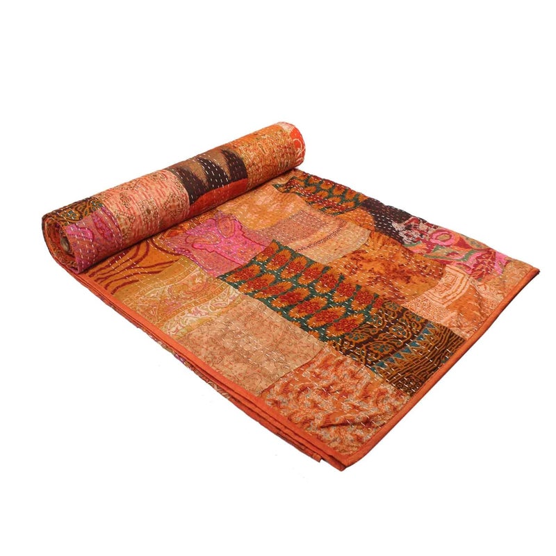 BOHEKANT Handicraft Silk Kantha Quilt Kantha Bed Cover Handmade Kantha Bedspread Kantha Blanket Throw01 Twin 60x90 Inches Single Bed - Image 2