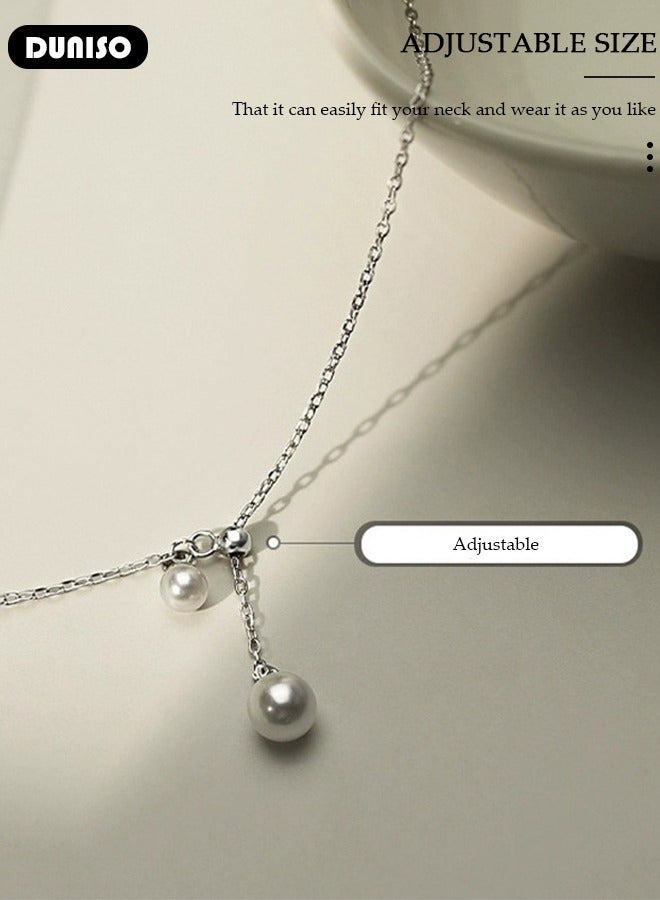 DUNISO Pearl Necklace 925 Sterling Silver Choker Necklace Silver Choker Chain Pearl Pendant Necklace Simple Necklace Chain Jewelry for Women Teen Girls - Image 3
