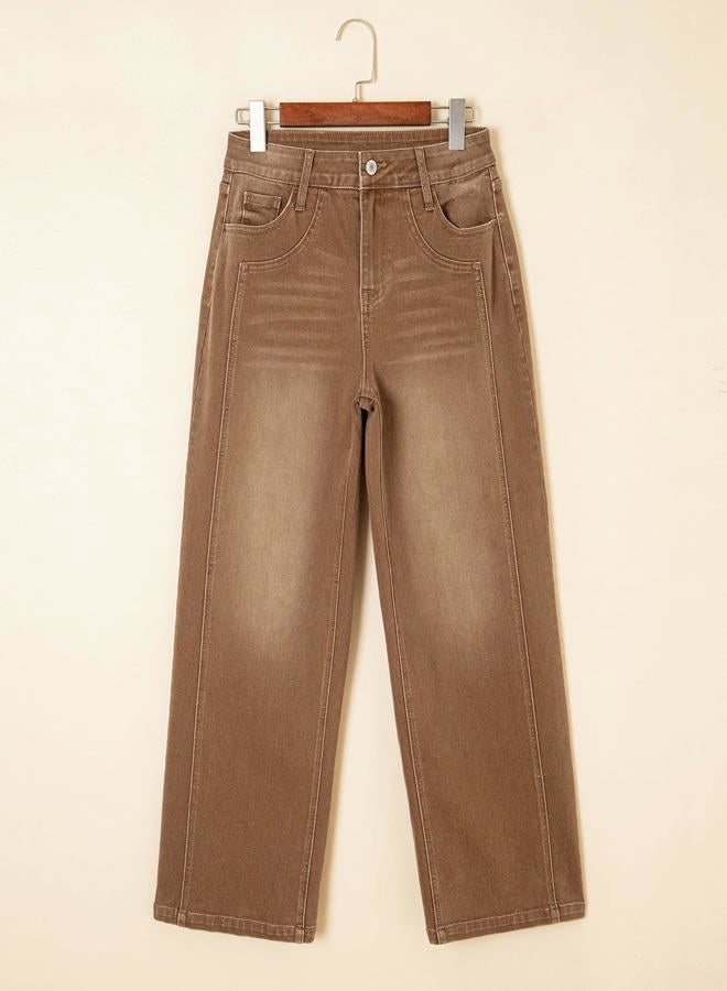 Sidefeel Women's Wide Leg Jeans High Waisted Stretchy Jeans Straight Leg Trendy Patchwork Loose Fit Denim Pants, Brown, 4 - Image 5