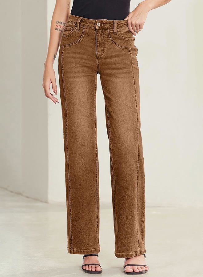 Sidefeel Women's Wide Leg Jeans High Waisted Stretchy Jeans Straight Leg Trendy Patchwork Loose Fit Denim Pants, Brown, 4 - Image 2