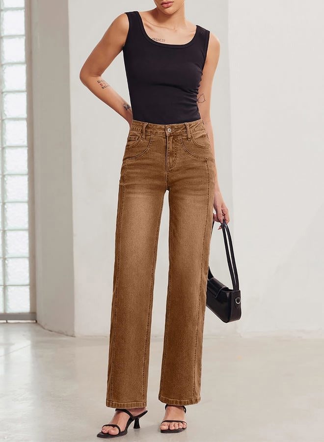 Sidefeel Women's Wide Leg Jeans High Waisted Stretchy Jeans Straight Leg Trendy Patchwork Loose Fit Denim Pants, Brown, 4 - Image 3