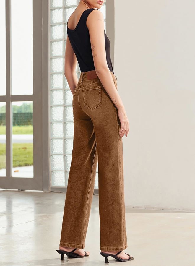 Sidefeel Women's Wide Leg Jeans High Waisted Stretchy Jeans Straight Leg Trendy Patchwork Loose Fit Denim Pants, Brown, 4 - Image 4