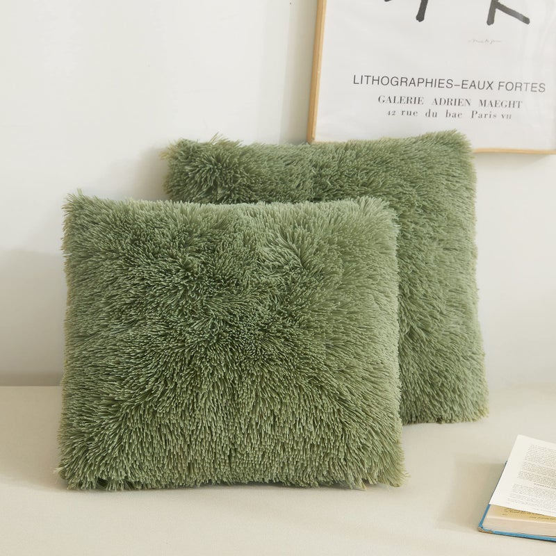 XeGe Faux Fur Throw Pillow Covers Luxury Fluffy Plush Pillow Shams Shaggy Decorative Pillow Cushion Cover for Sofa Bed Couch with Zipper Closure Pack of 2 18x18 Sage Green