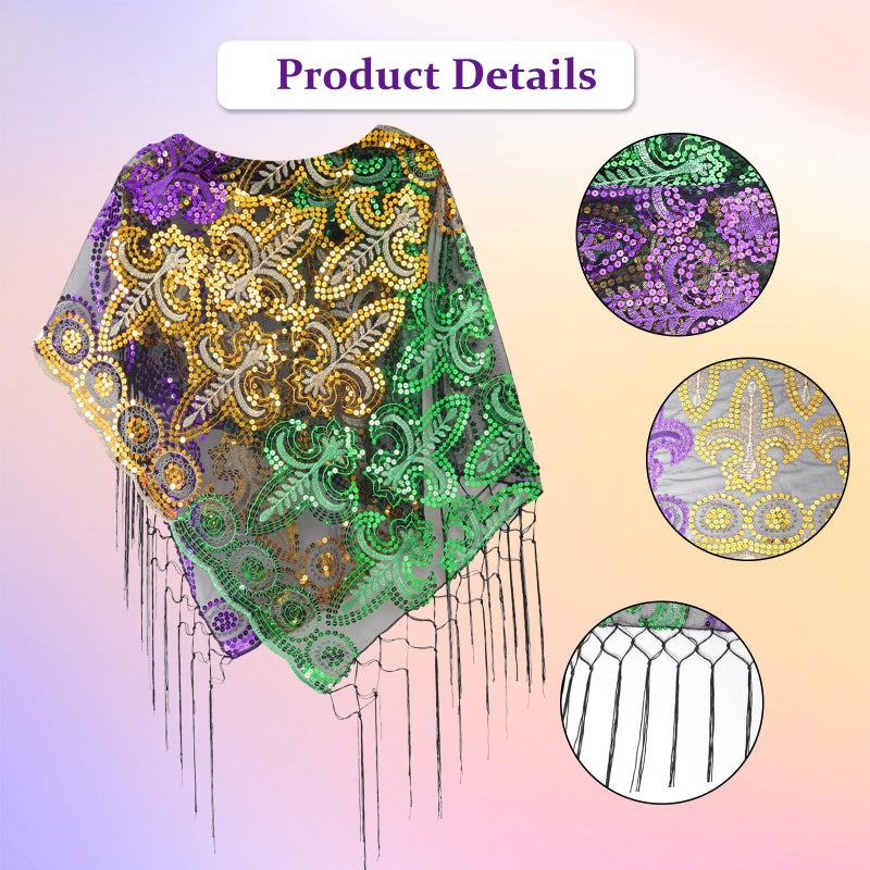 Heliltd Mardi Gras Glitter Shawl Scarf Mardi Gras Outfit for Women Mardi Gras Costumes Accessories for Wedding Dress Up Party - Image 3