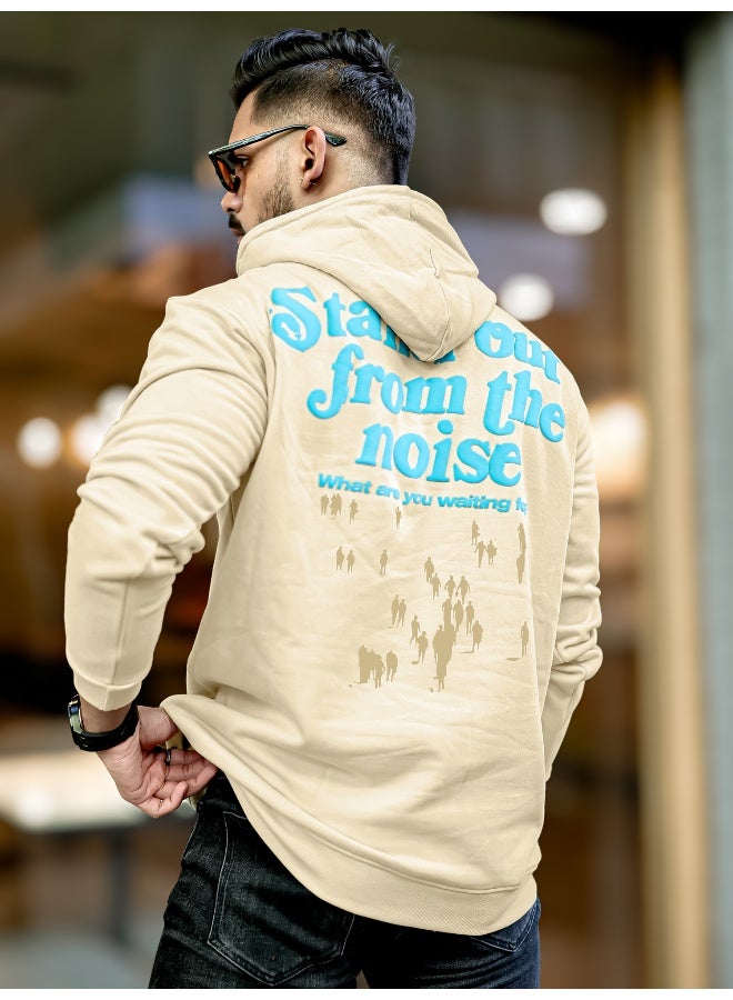 Maniac Mens Printed Hooded Neck Full Sleeve Beige and Blue CottonFleece Oversized Sweatshirt - Image 1