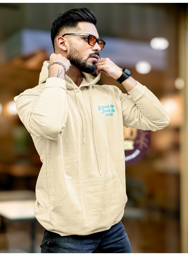 Maniac Mens Printed Hooded Neck Full Sleeve Beige and Blue CottonFleece Oversized Sweatshirt - Image 3