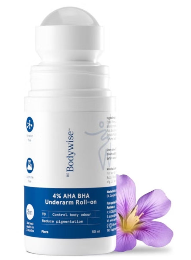 Bodywise 4% AHA BHA Underarm Roll On | 2% Lactic Acid, 1% Salicylic Acid | Controls Odour & Reduces Pigmentation, Kills Bacteria for Radiant Underarm | Aqua Fragrance | 50ml - Image 1