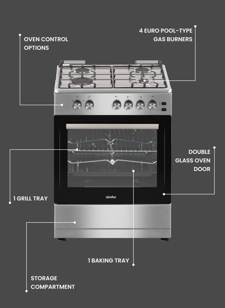 Simfer Gas Cooker 60x60 cm | Gas Oven with 4 Burners | Closed Door Grill & Rotisserie | Auto Ignition FFD Safety | Stainless Steel Finish | Model SMF6062GCL - Image 3