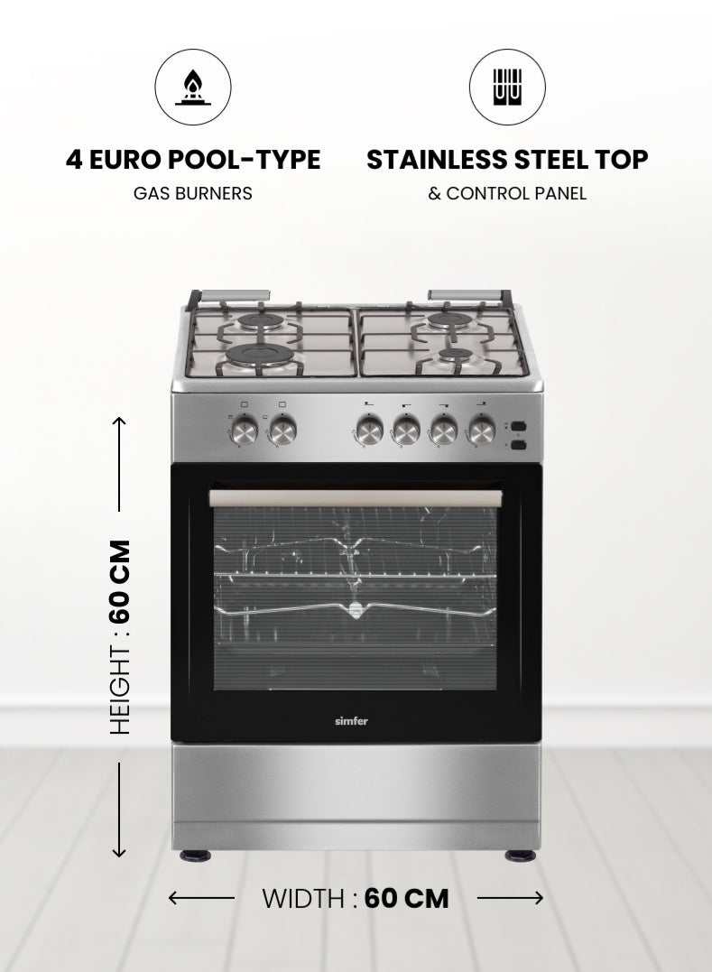 Simfer Gas Cooker 60x60 cm | Gas Oven with 4 Burners | Closed Door Grill & Rotisserie | Auto Ignition FFD Safety | Stainless Steel Finish | Model SMF6062GCL - Image 2