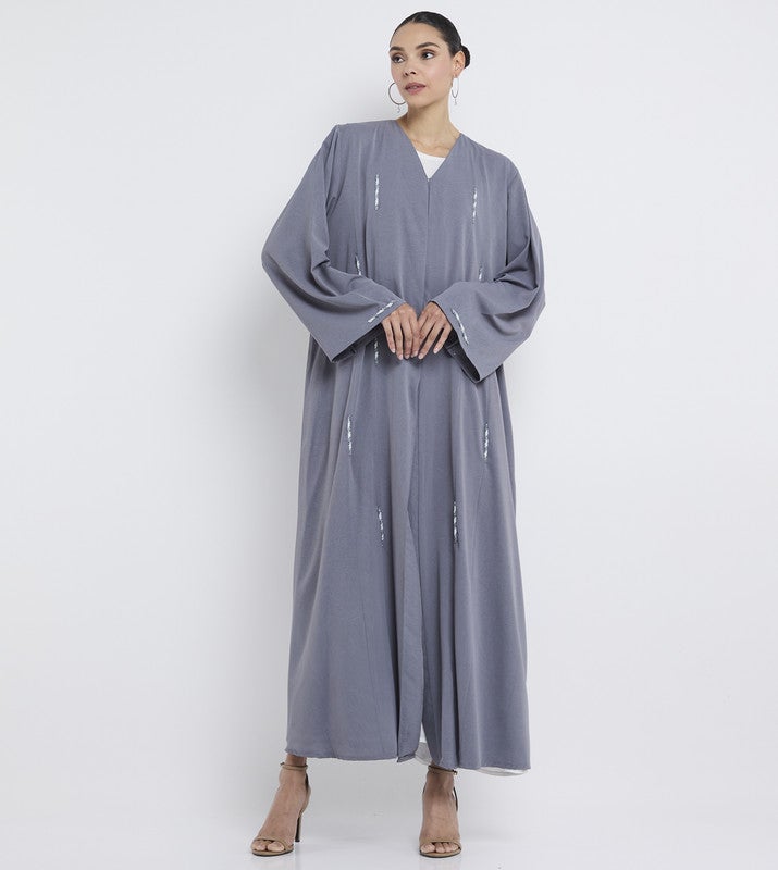 ROZA Elegant Grey Abaya with Graceful Hand Work - Image 4