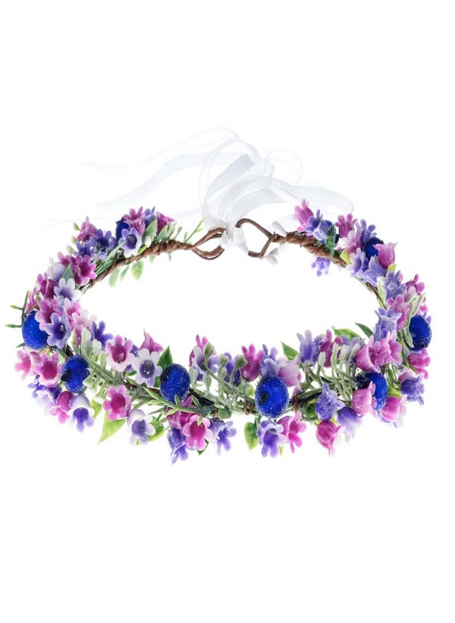 June Bloomy - Flower Girl Wedding Headpiece Bridal Flower Crown Spring Wreath Boho Garland Halo (Berry Purple) - Image 1