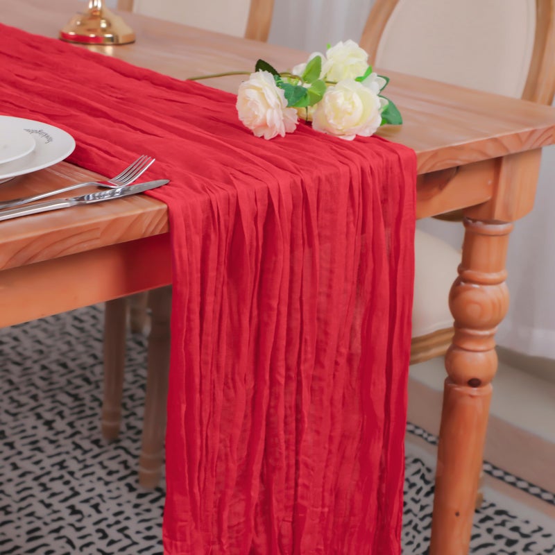 Snowkingdom 10 Ft Red Cheesecloth Table Runner 120 inch Long Cheese Cloth Boho Gauze Runner for Wedding Bridal Baby Shower Birthday Sheer Table Decorations