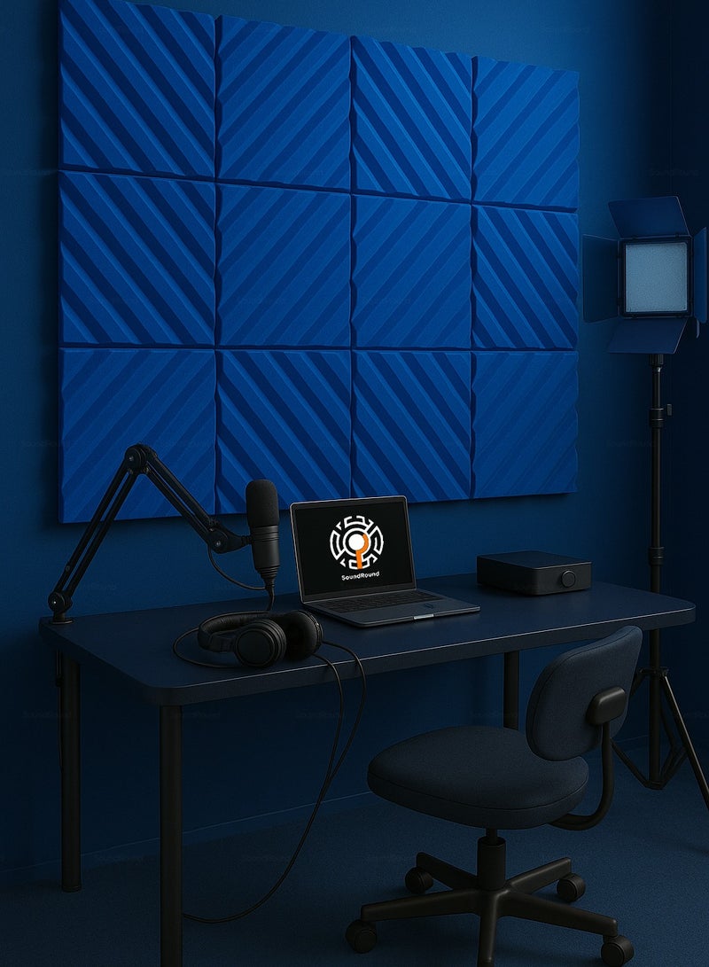 ساوند راوند ألواح الفوم الصوتي SoundRound مقاس 12×12×1 بوصة – عزل صوت احترافي بتصميم اكسيزويف – للتحكم في الصدى ومعالجة السينما المنزلية – ألواح عالية الكثافة – 12 قطعة - لون ازرق - Image 3