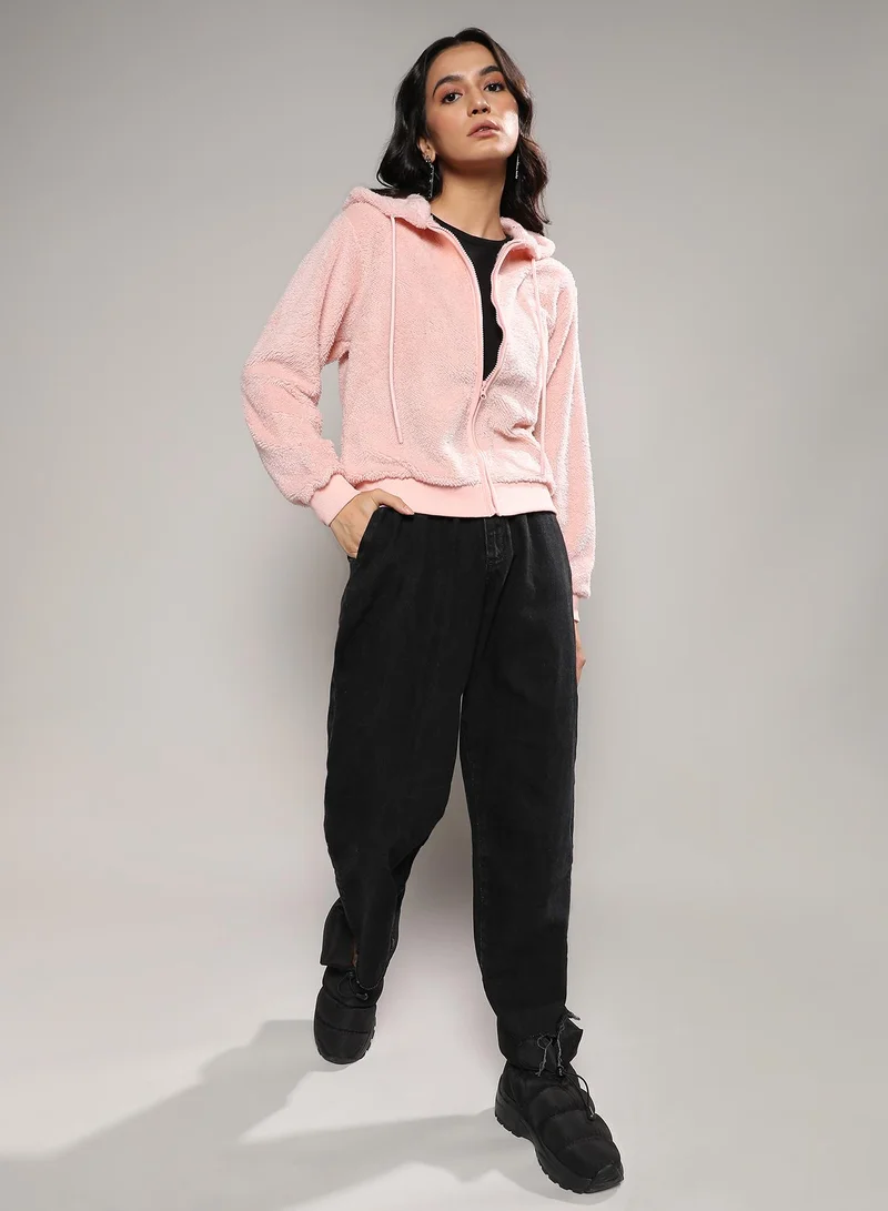 Campus Sutra Women's Baby Pink Furry Hoodie With Ribbed Hem