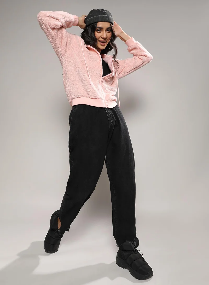 Campus Sutra Women's Baby Pink Furry Hoodie With Ribbed Hem
