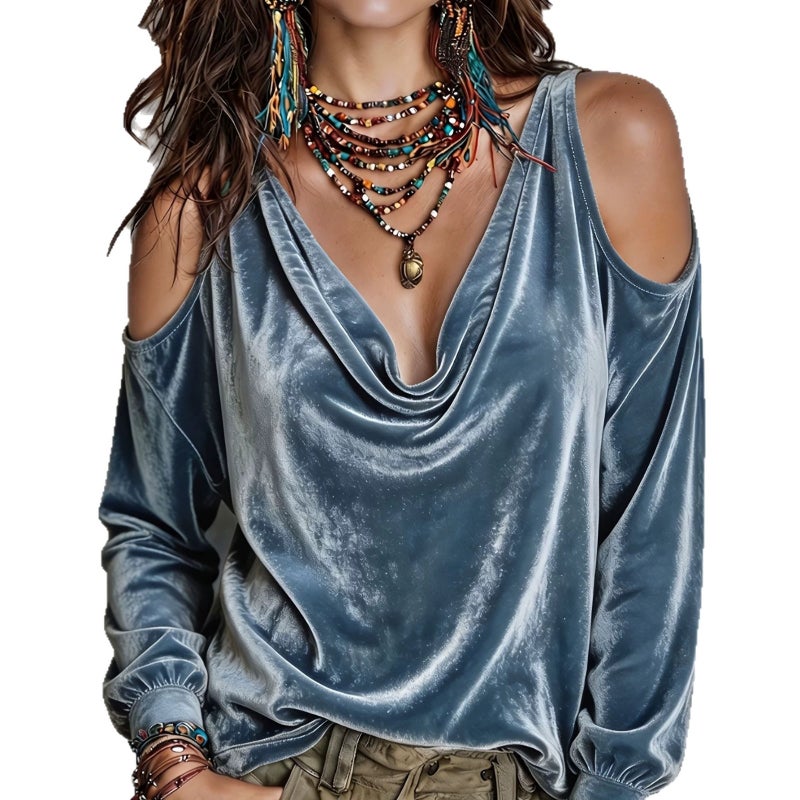 Women's Solid Color Long Sleeve Cowl Neck T-Shirt - Image 5