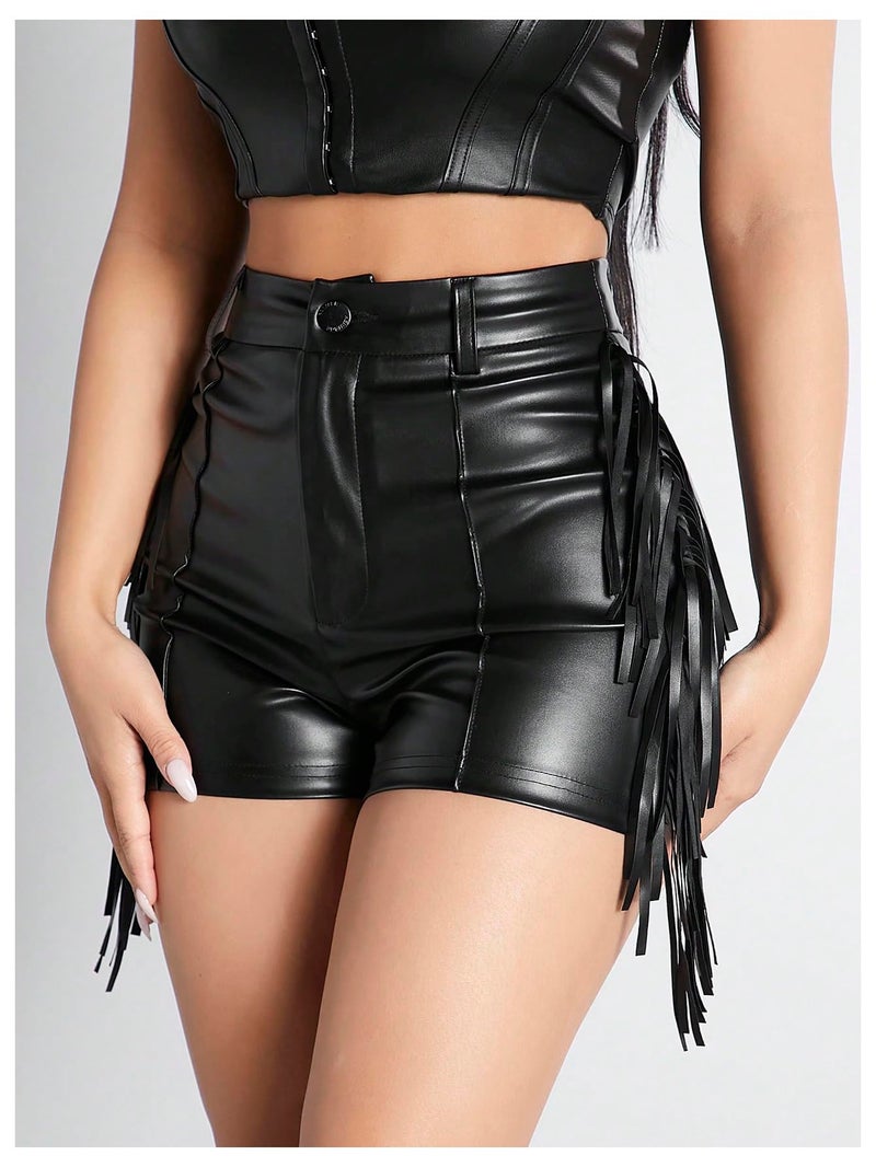 BEAUDRM Women's Y2K Sexy Faux Leather Shorts Fringe Tassel Festival Rave Micro Shorts Western Cowgirl Outfits Black Medium - Image 3
