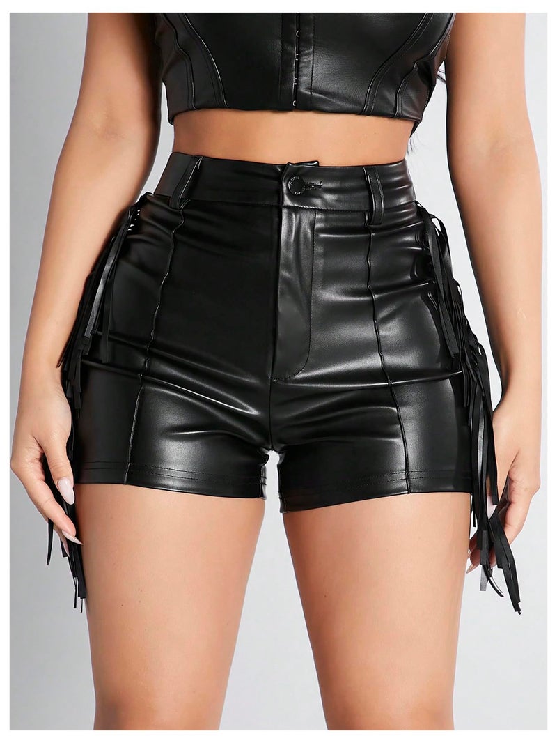 BEAUDRM Women's Y2K Sexy Faux Leather Shorts Fringe Tassel Festival Rave Micro Shorts Western Cowgirl Outfits Black Medium - Image 4