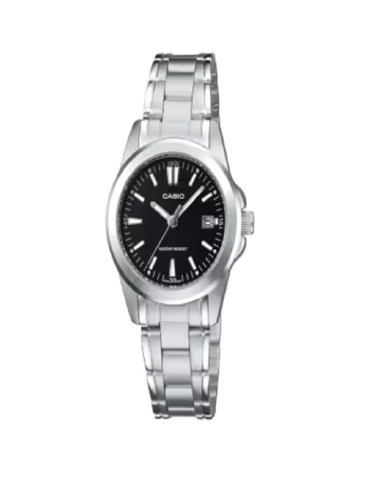Casio Women's Analog Stainless Steel Watch – Black Dial, Date Display, Water Resistant