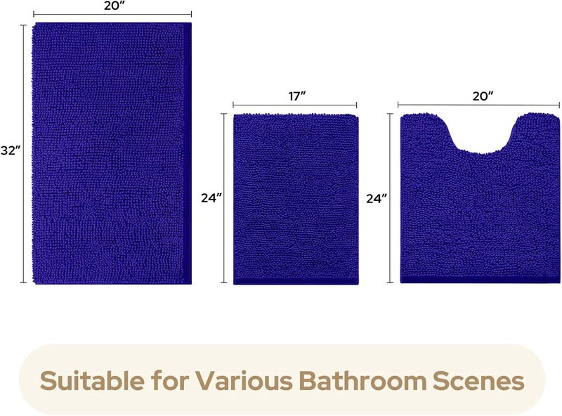 HOMEIDEAS 3 Pieces Bathroom Rugs, Ultra Soft Non Slip Absorbent Chenille Toilet Bath Mat Set (Royal Blue) - Image 3