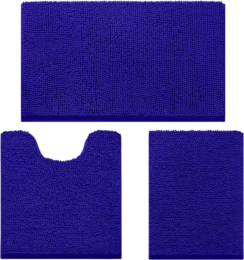 HOMEIDEAS 3 Pieces Bathroom Rugs, Ultra Soft Non Slip Absorbent Chenille Toilet Bath Mat Set (Royal Blue) - Image 1