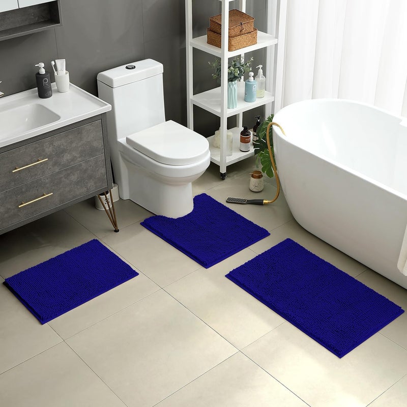HOMEIDEAS 3 Pieces Bathroom Rugs, Ultra Soft Non Slip Absorbent Chenille Toilet Bath Mat Set (Royal Blue) - Image 2