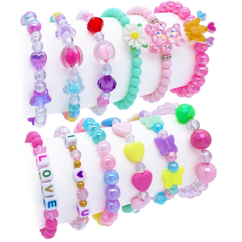 SIELEVIN 12 PCS Kids Bracelets for Girls Jewelry Little Girl Beaded Bracelets Flower Butterfly LOVE Letter Pink Princess Pretend Play Party Favor Easter Christmas Birthday Gift - Image 1