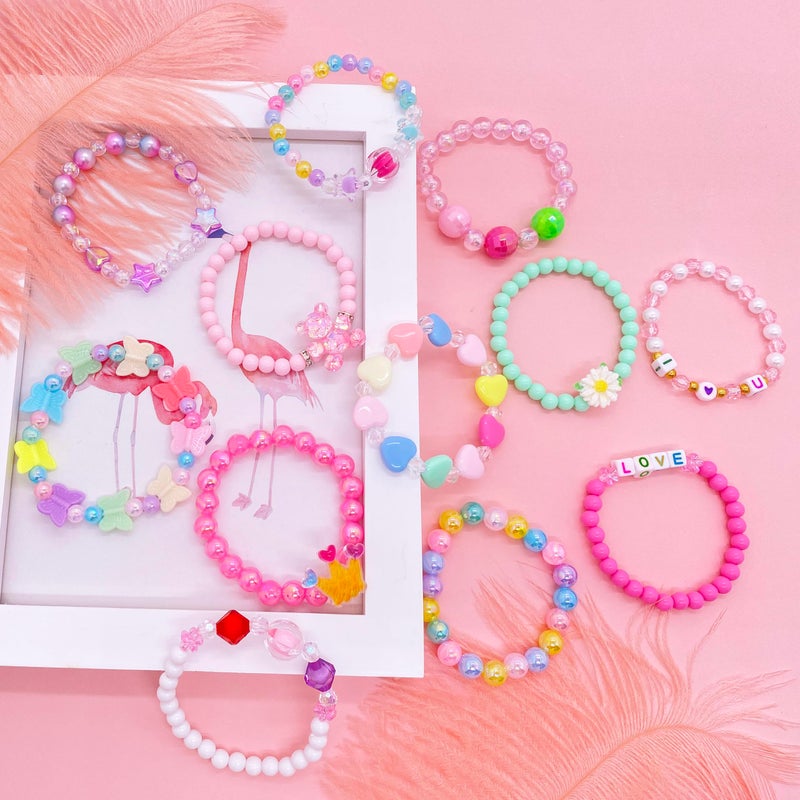 SIELEVIN 12 PCS Kids Bracelets for Girls Jewelry Little Girl Beaded Bracelets Flower Butterfly LOVE Letter Pink Princess Pretend Play Party Favor Easter Christmas Birthday Gift - Image 3