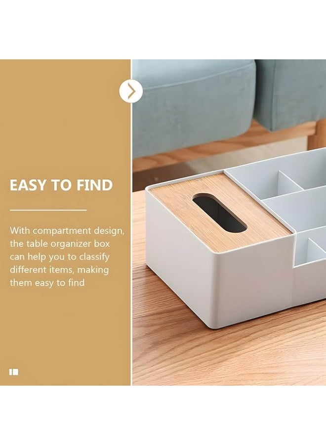 منظم مكتب متعدد الأغراض مع علبة مناديل مدمجة - علبة بلاستيكية بغطاء من الخيزران و6 أقسام للتنظيم - مثالي للحمام والمطبخ والمكتب وغرفة المعيشة - لتخزين المناديل والأقلام والمفاتيح واللوازم المكتبية - Image 4