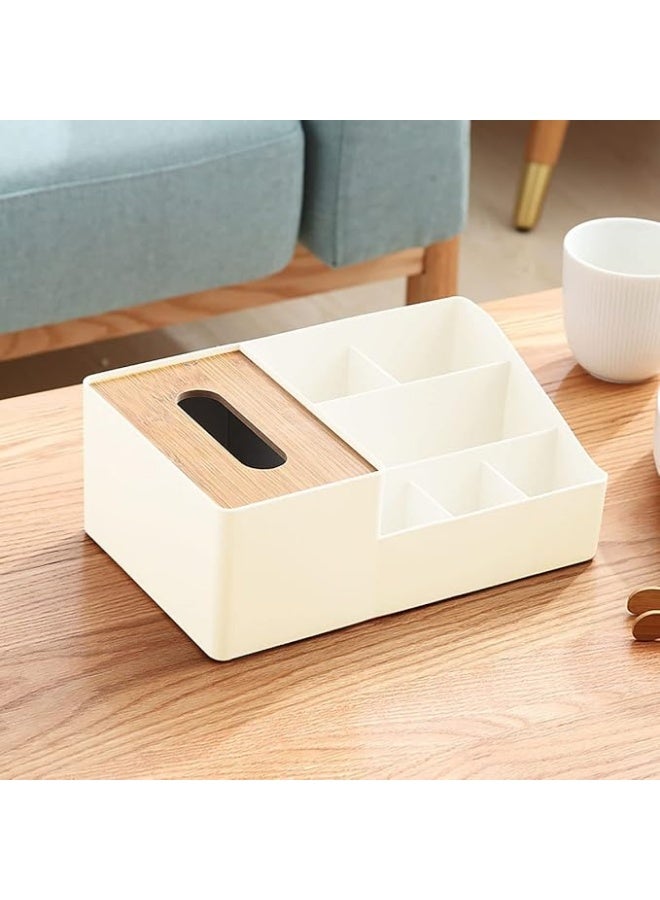 منظم مكتب متعدد الأغراض مع علبة مناديل مدمجة - علبة بلاستيكية بغطاء من الخيزران و6 أقسام للتنظيم - مثالي للحمام والمطبخ والمكتب وغرفة المعيشة - لتخزين المناديل والأقلام والمفاتيح واللوازم المكتبية - Image 5